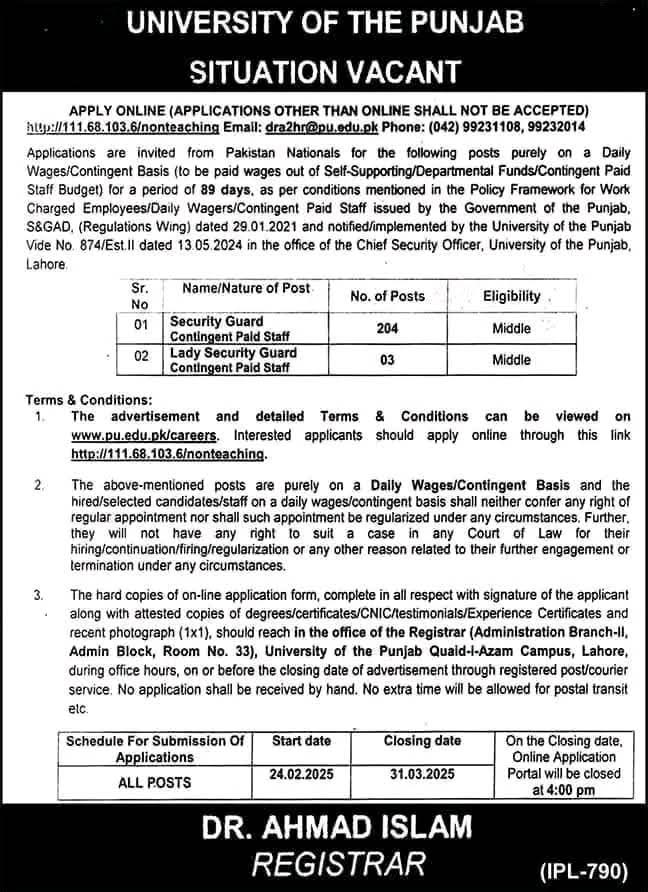 Punjab University Security Guard Govt Jobs 2025 – 207 Vacancies - Apply Now