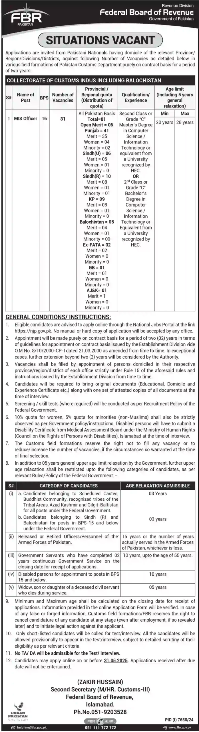 FBR MIS Officer Jobs 2025
