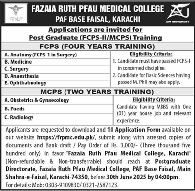 Fazaia Ruth Pfau Medical College FCPS & MCPS Training 2025