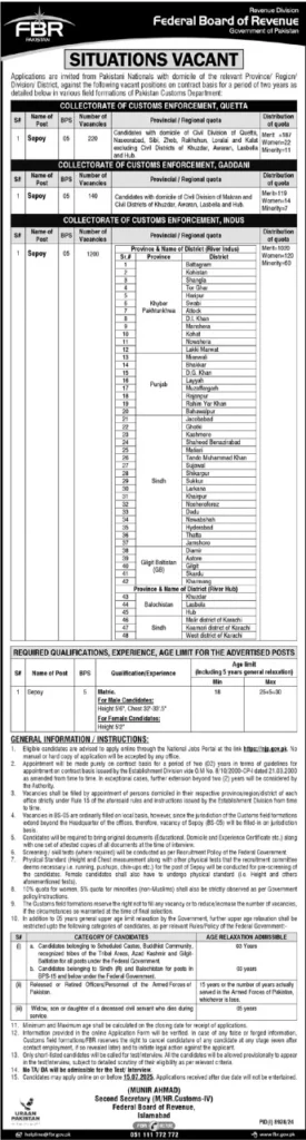 FBR Sepoy Jobs 2025