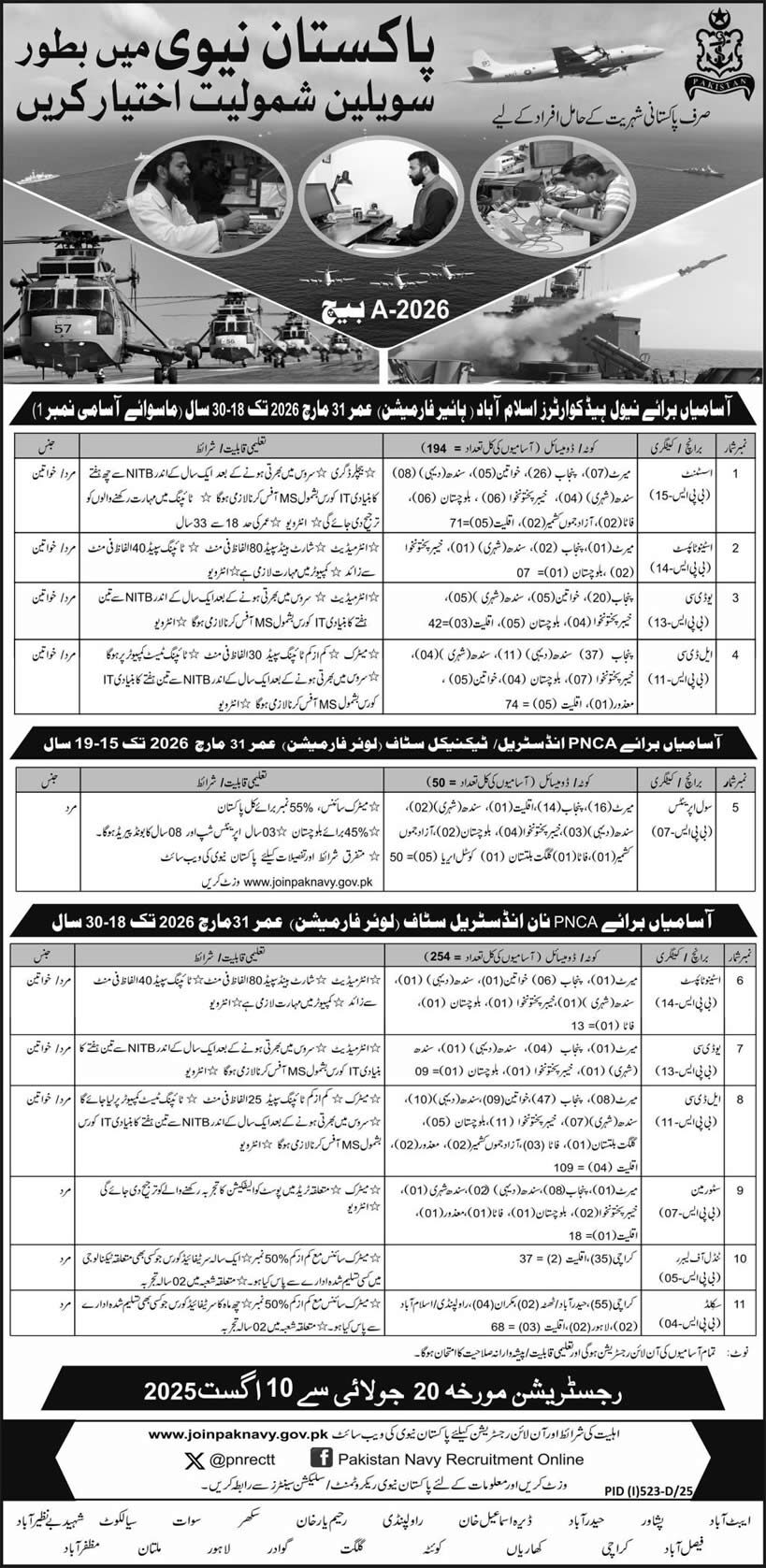Pakistan Navy Civilian Jobs 2025 – Batch A-2026 | Online Registration Open Till August 10, 2025