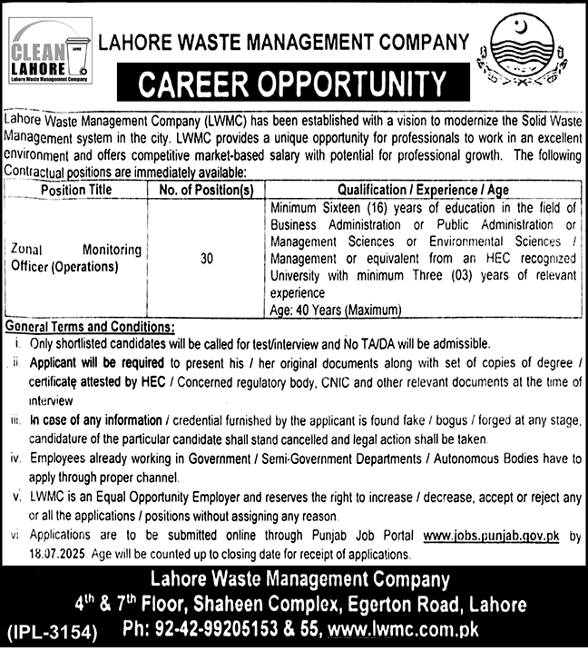 Lahore Waste Management Company (LWMC) Jobs 2025
