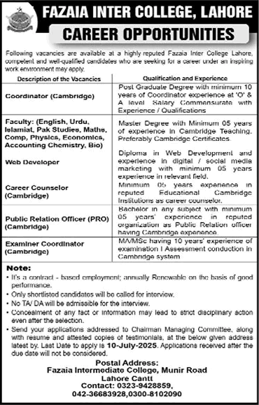  Fazaia Inter College Lahore Jobs