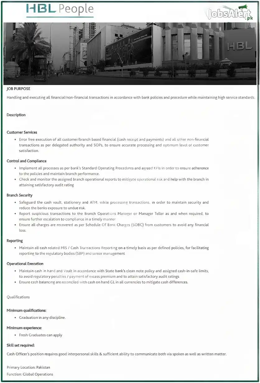 HBL Cash Officer Jobs 2025
