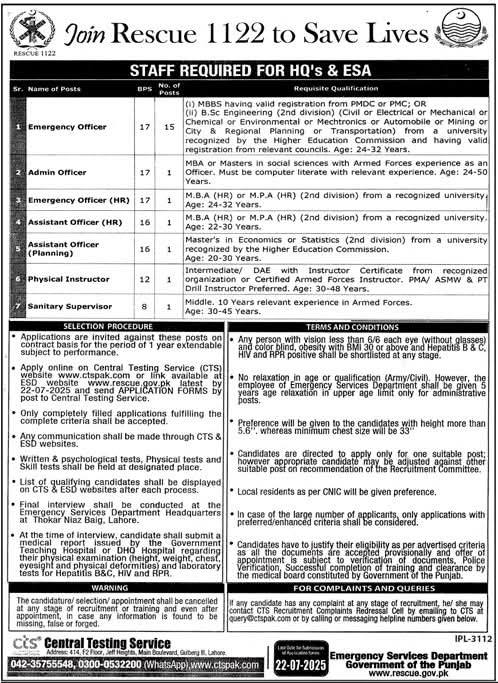 Rescue 1122 Jobs July 2025 – Apply Online at www.ctspak.com