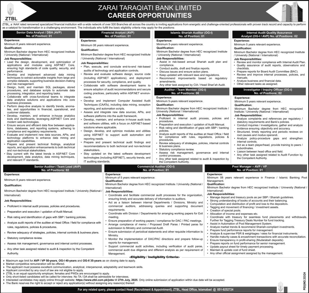 ZTBL Jobs 2025 – Apply Online for Zarai Taraqiati Bank Limited Latest Careers