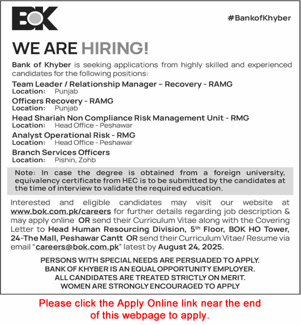Bank of Khyber Jobs 2025 BOK