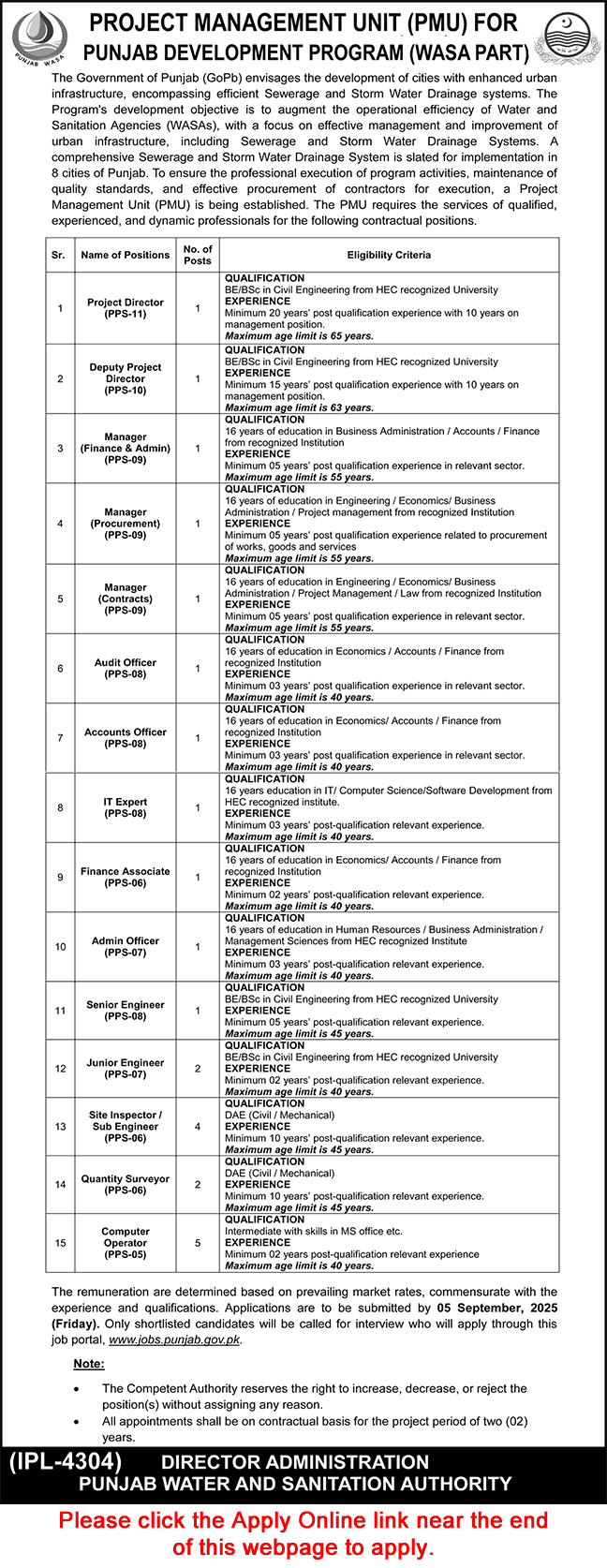 PMU WASA Punjab Jobs 2025 – Apply Online.