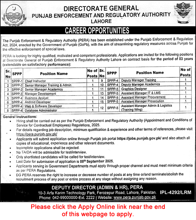 Punjab Enforcement & Regulatory Authority (PERA) Jobs 2025. Apply Online via Punjab Job Portal