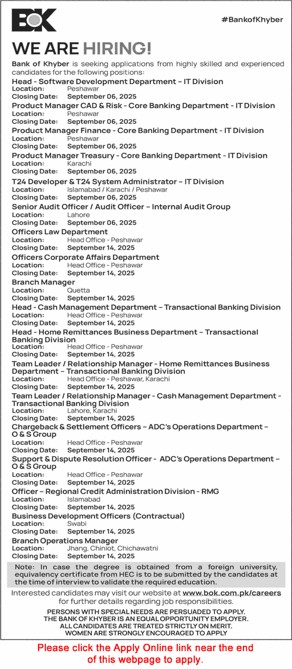 Bank of Khyber Jobs 2025