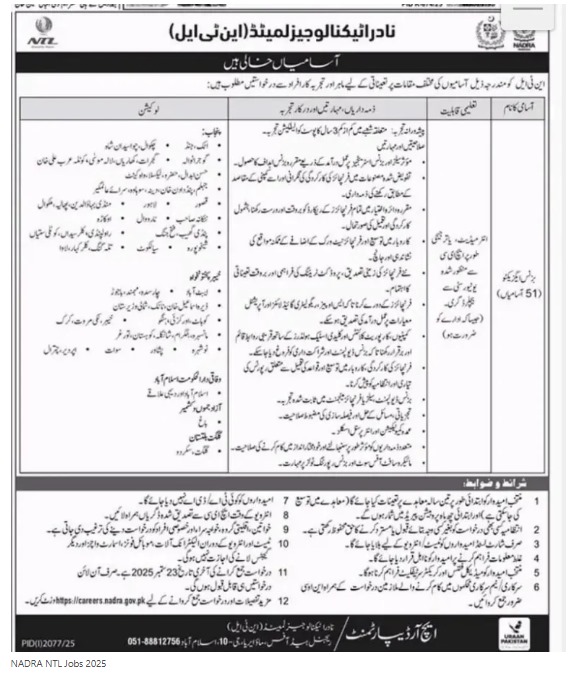 NADRA Technologies Limited (NTL) Jobs 2025