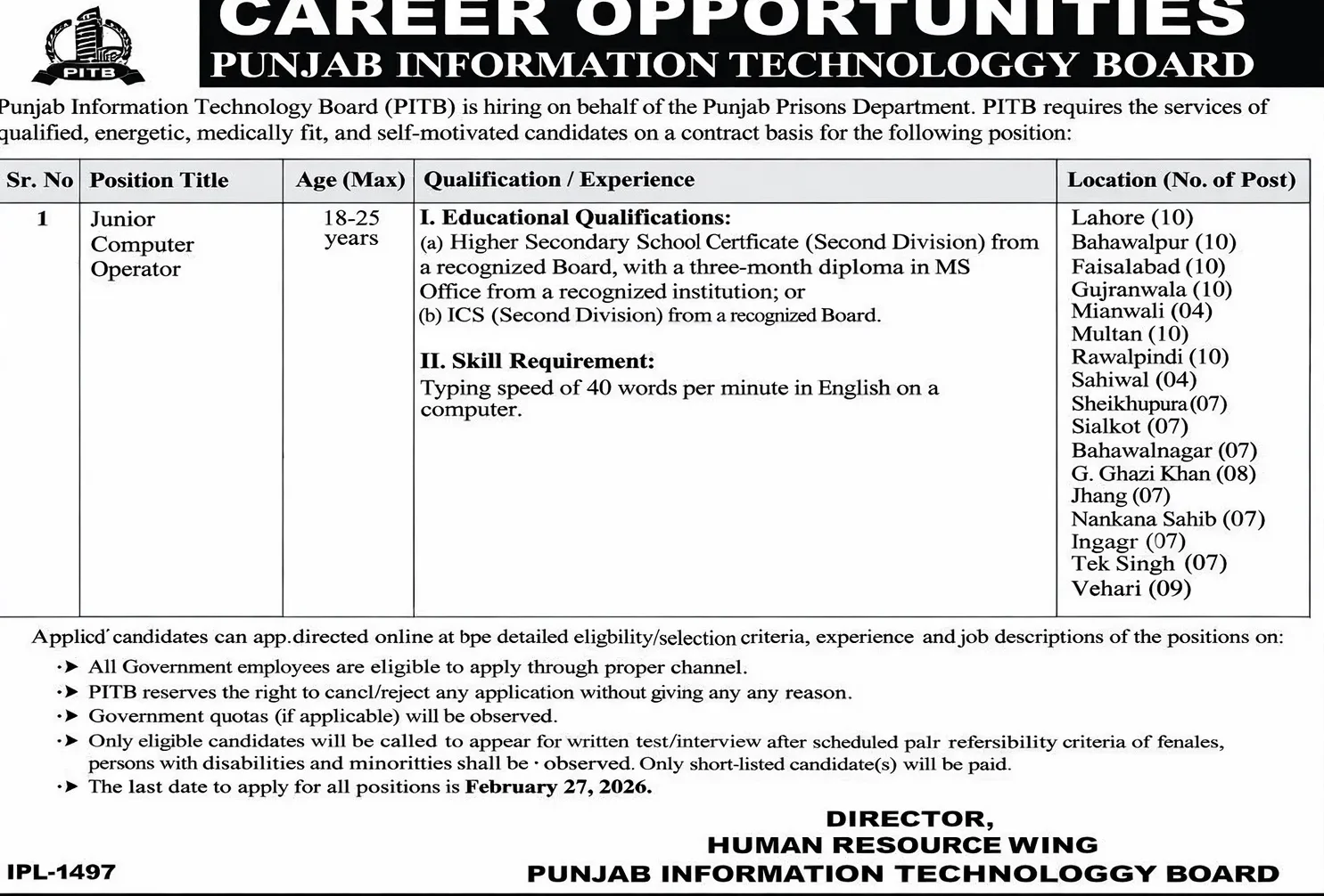 Computer Operator Jobs 2026 in Punjab