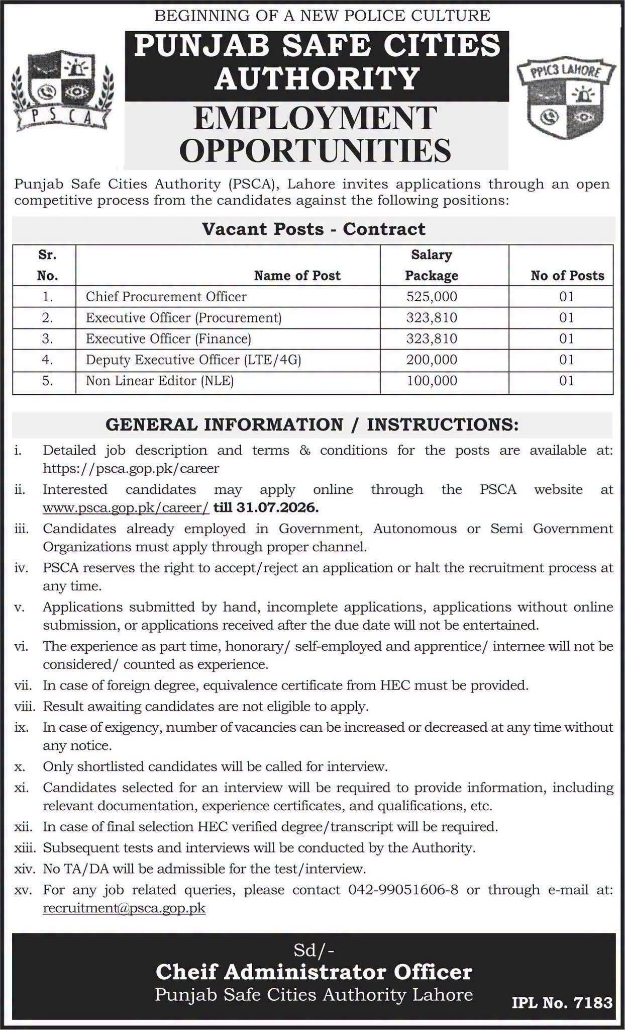 Punjab Safe Cities Authority (PSCA) Jobs 2026