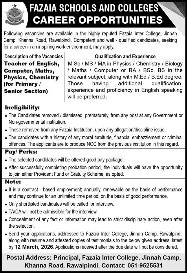 Fazaia Inter College Jobs Vacancies for Teachers 2026