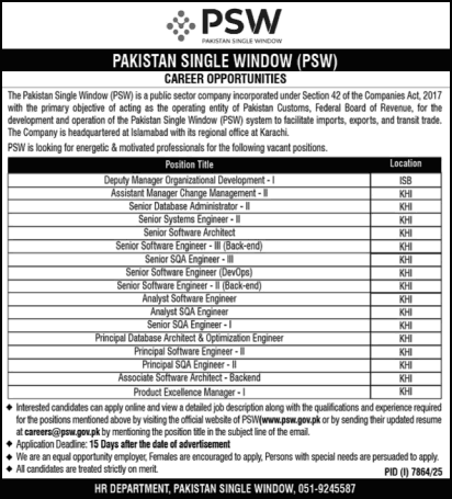 Pakistan Single Window PSW Jobs 2026