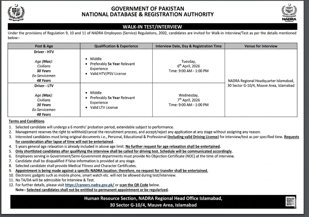 NADRA Driver Jobs 2026
