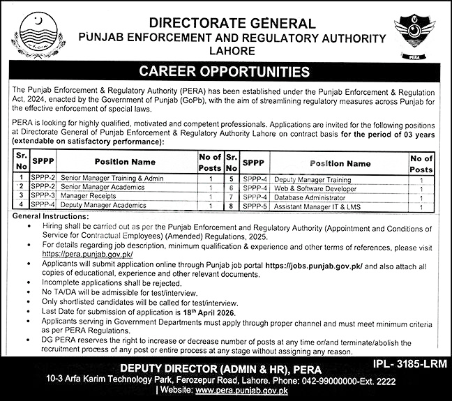 Punjab Enforcement & Regulatory Authority Jobs 2026