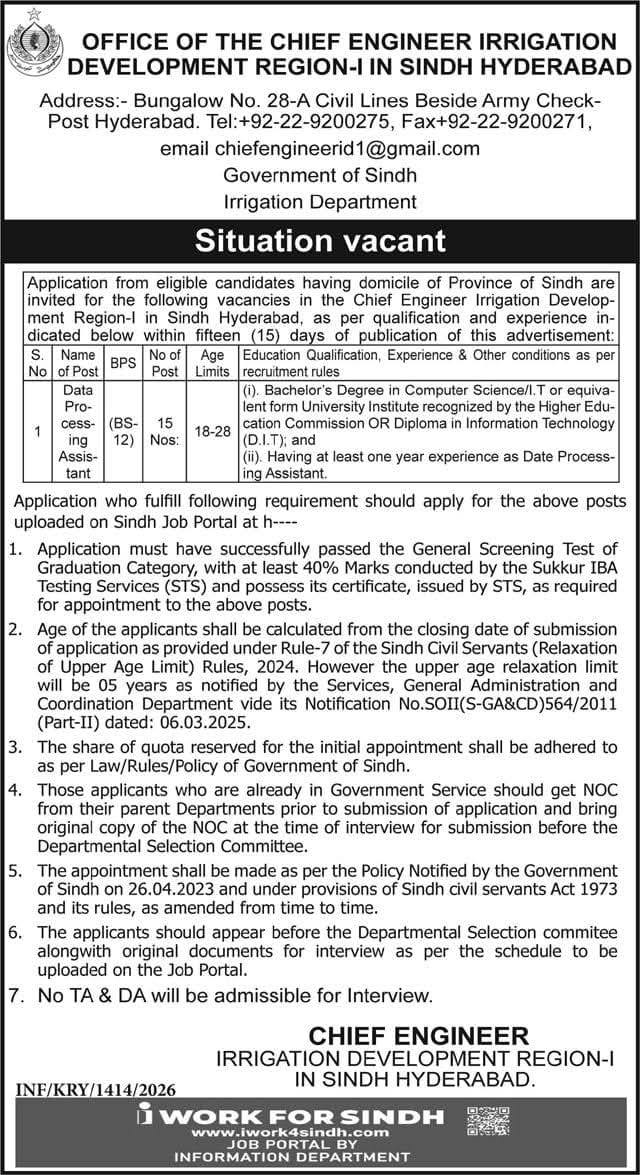Chief Engineer Irrigation Department Sindh Jobs 2026