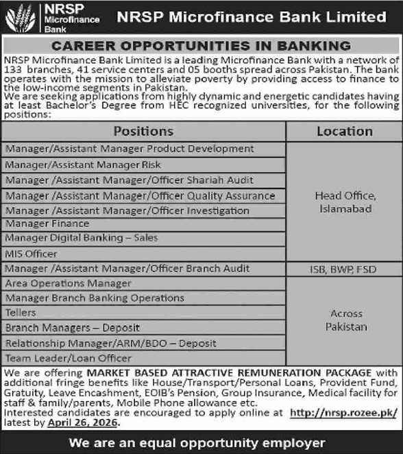 NRSP Microfinance Bank Jobs 2026