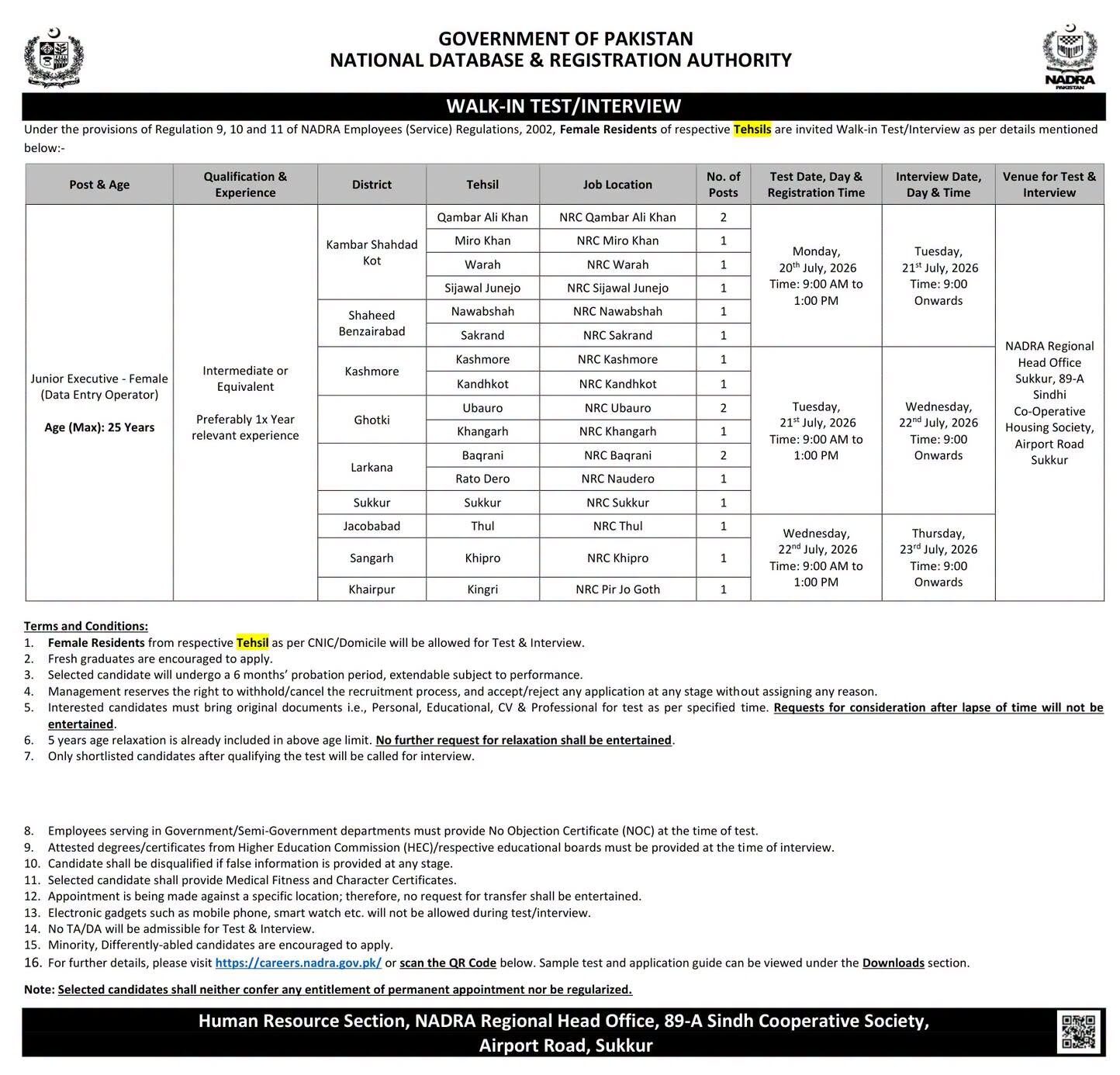 NADRA Junior Executive (Female) Jobs 2026