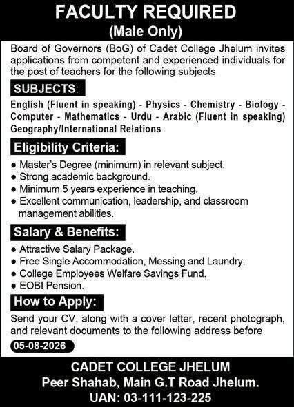 Cadet College Jhelum Faculty Jobs 2026