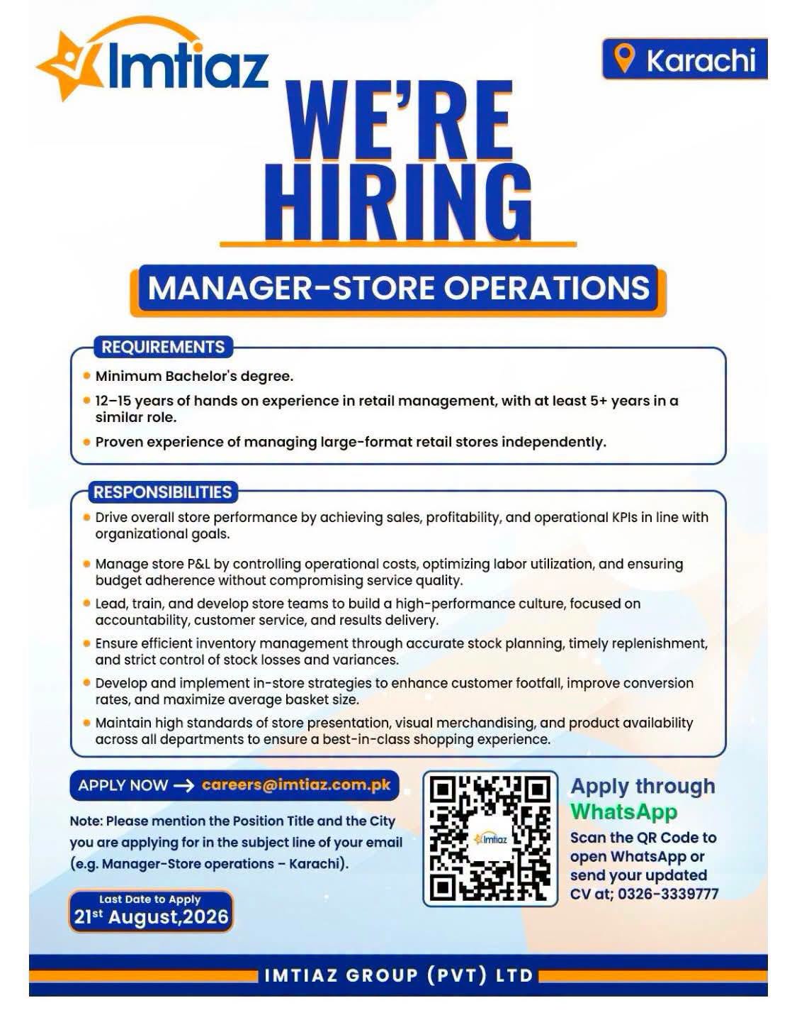 Imtiaz Jobs 2026 in Karachi