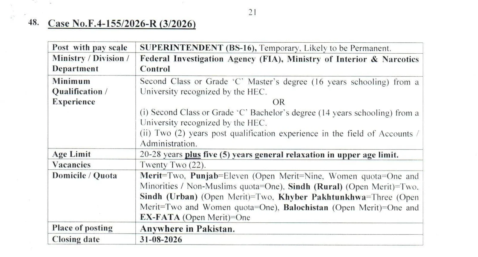 FIA Jobs 2026 Through FPSC