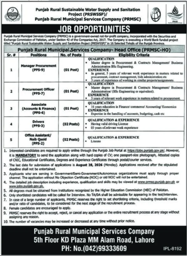 پنجاب رورل میونسپل سروسز کمپنی Jobs 2026