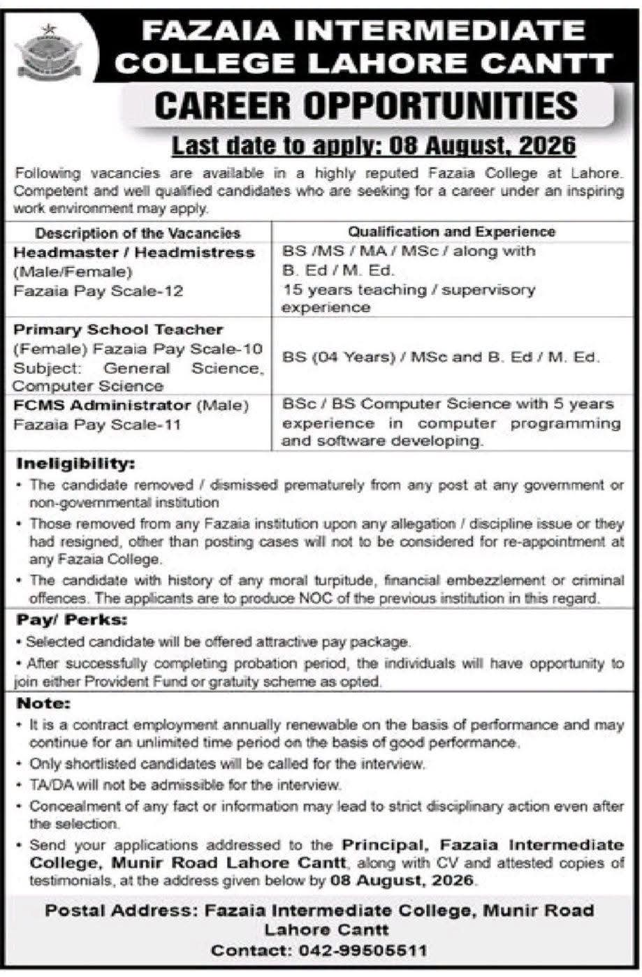 Fazaia Intermediate College Lahore Cantt Jobs 2026