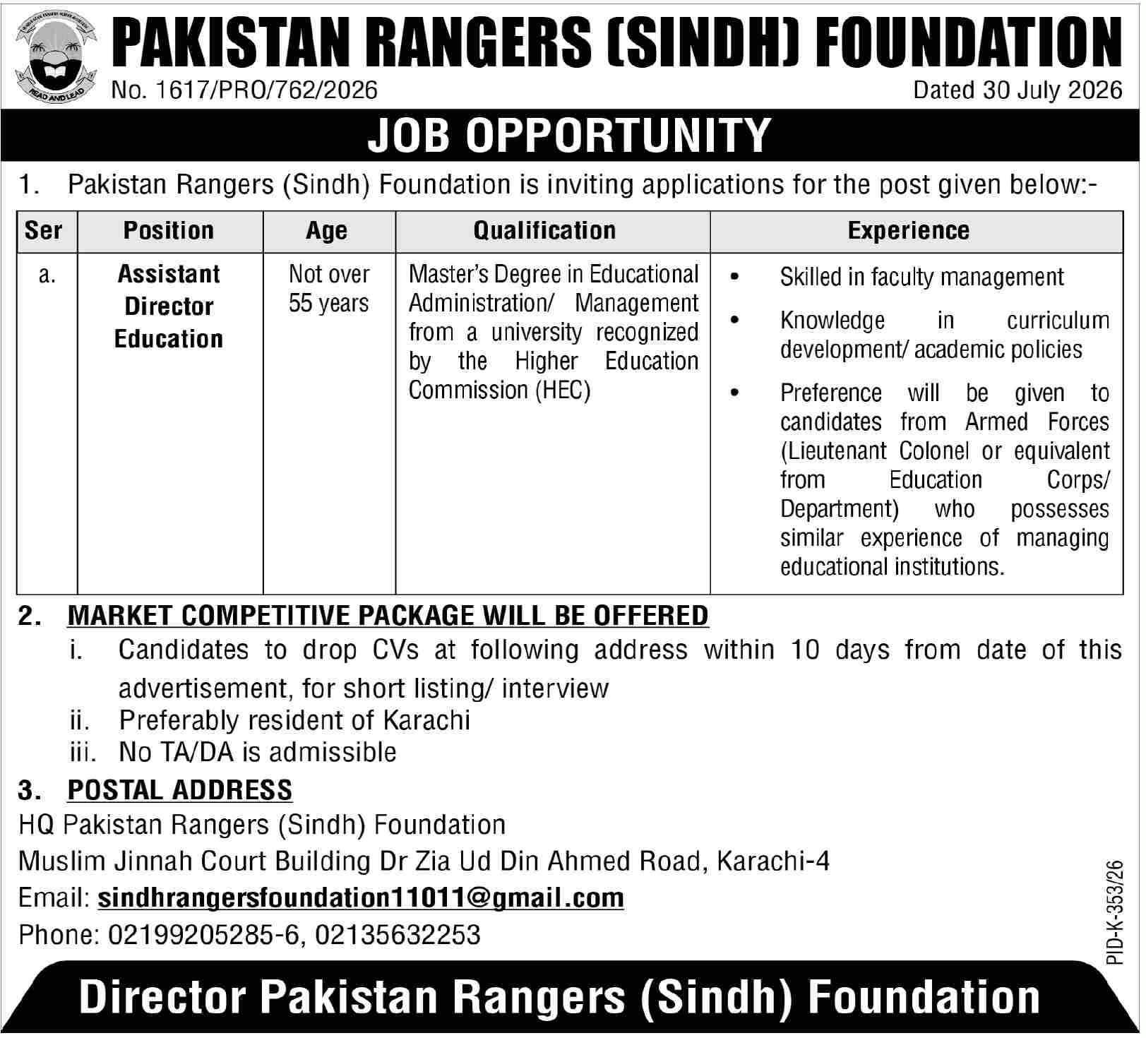 Pakistan Rangers Sindh Foundation Jobs 2026