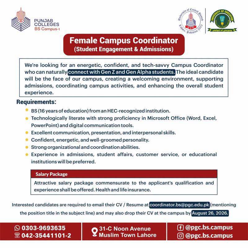 Punjab Colleges BS Campus-1 Jobs 2026