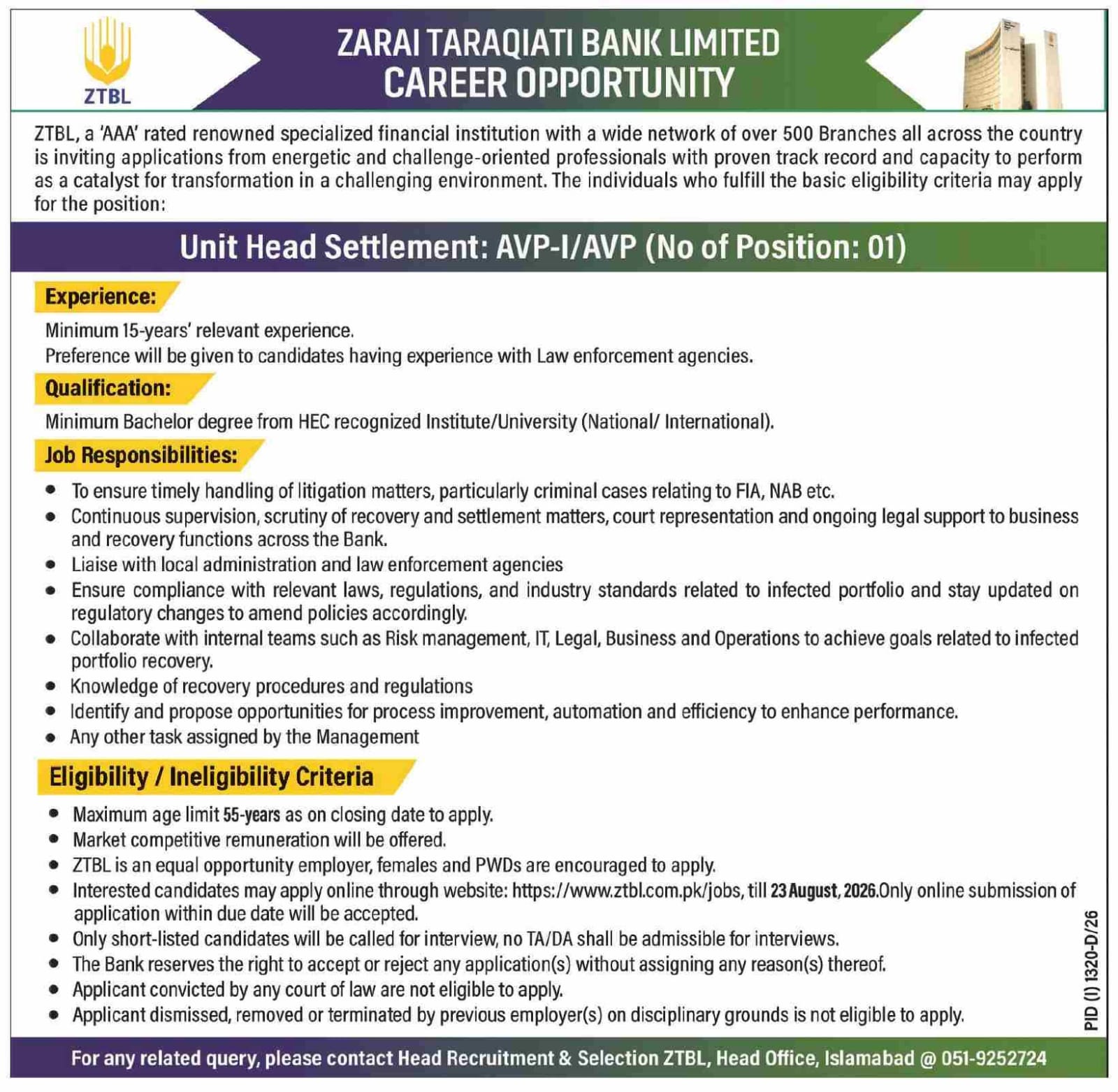 ZTBL Jobs 2026 – Unit Head Settlement (AVP-I/AVP)