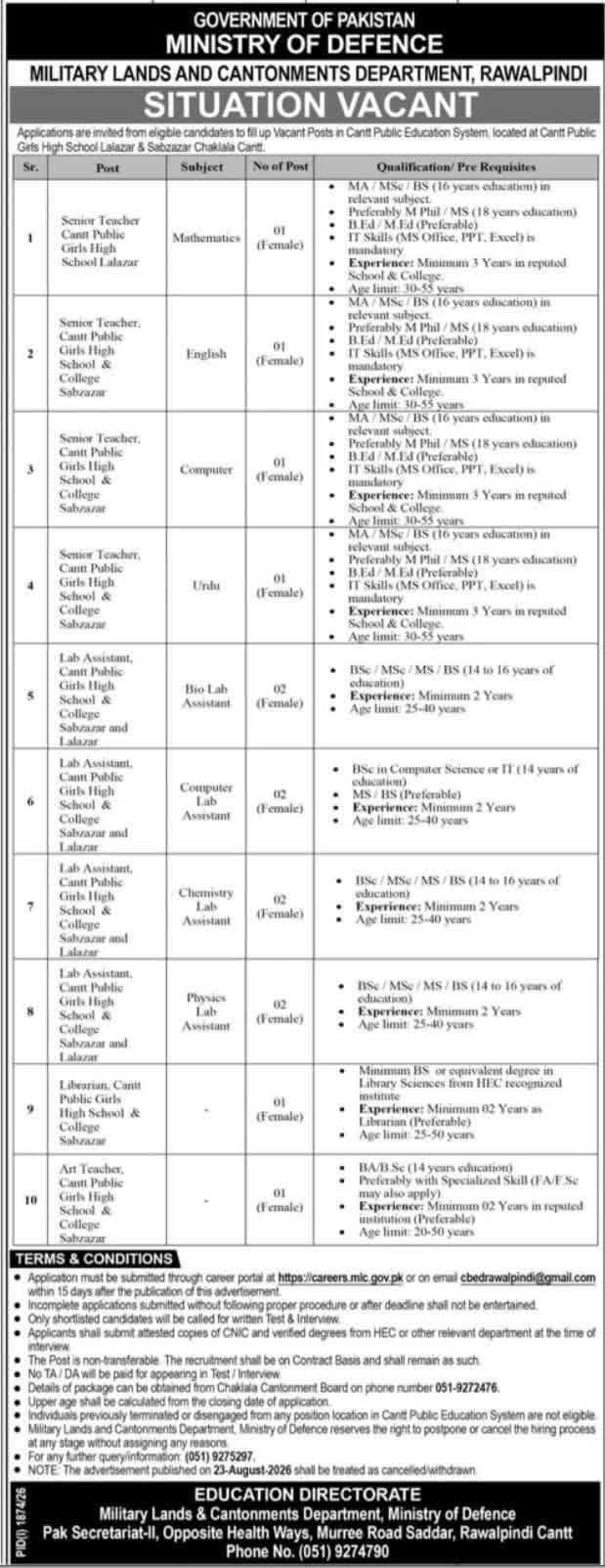 وزارتِ دفاع میں ٹیچرز کی نئی نوکریاں 2026