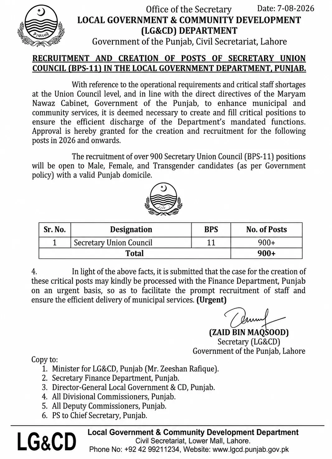 Punjab Union Council Secretary Jobs 2026