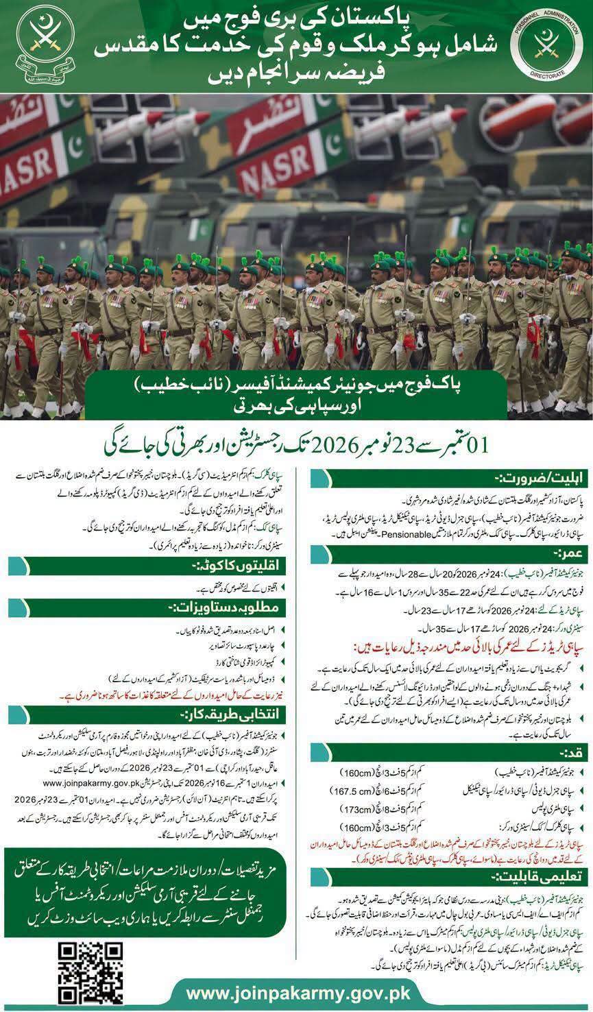 پاک فوج میں سپاہی اور نائب خطیب کی بھرتی 2026