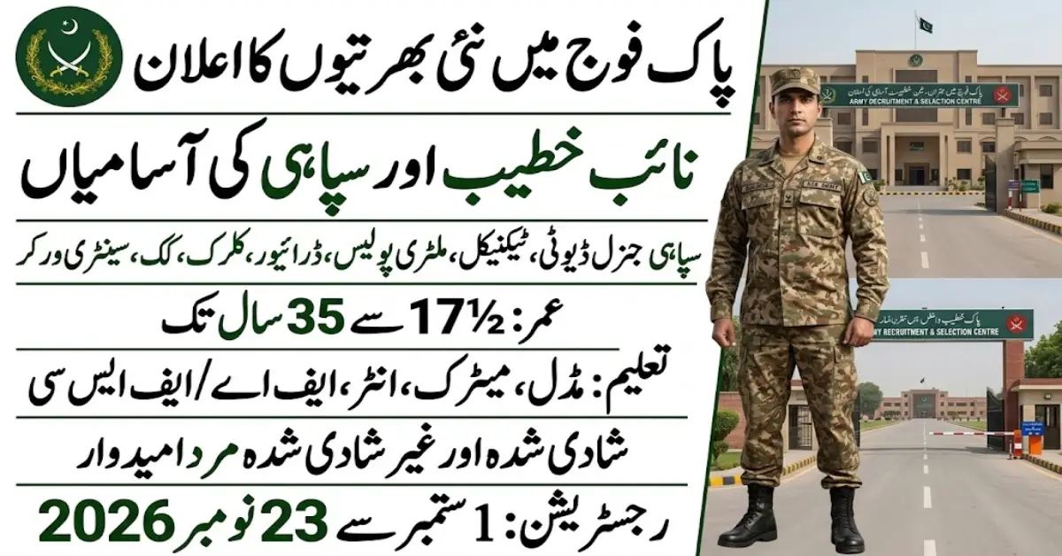 پاک فوج میں سپاہی اور نائب خطیب کی بھرتی 2026
