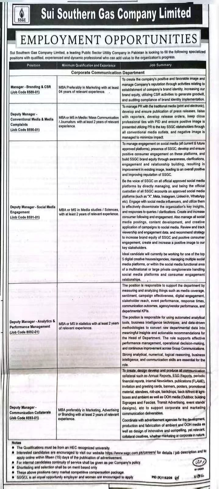 سوئی سدرن گیس کمپنی میں نوکریاں 2026