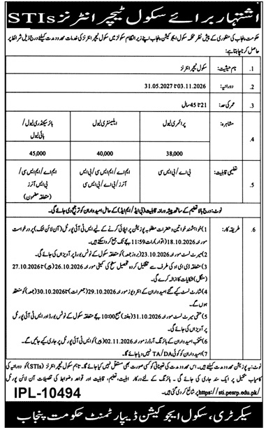 پنجاب میں سکول ٹیچر انٹرنز کی نئی نوکریاں 2026
